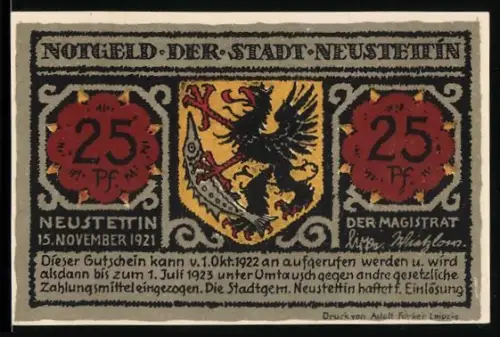Notgeld Neustettin 1921, 25 Pfennig, Wappen und Bismarckwarte-Motiv