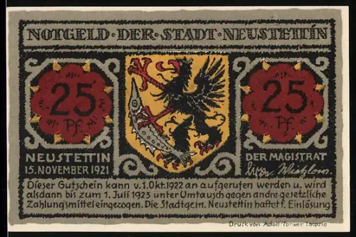 Notgeld Neustettin 1921, 25 Pf, Wappen und Boot am Streitzigsee