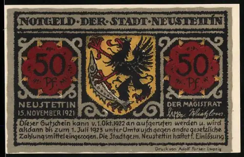 Notgeld Neustettin 1921, 50 Pfennig, Wappen und Nikolaiturm