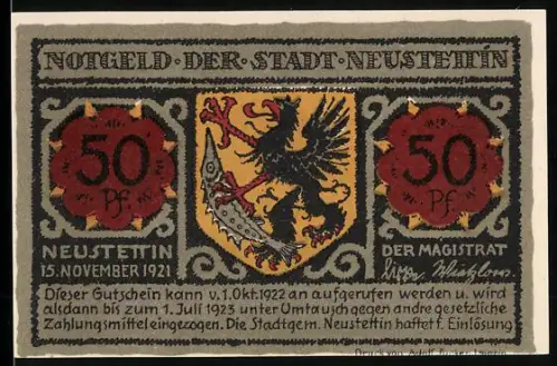 Notgeld Neustettin 1921, 50 Pfennig, Wappen und Schlossansicht