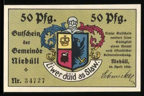 Notgeld Niebüll 1920, 50 Pfennig, Wappen und Mann am Tisch mit Pfeife und Getränk
