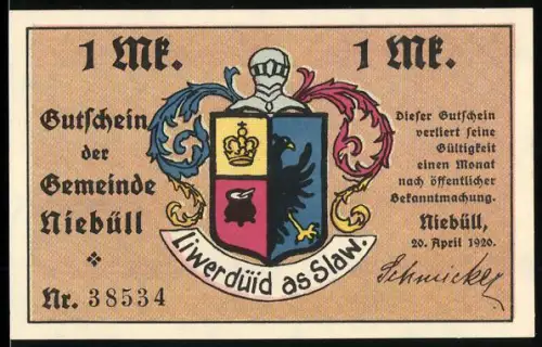 Notgeld Niebüll 1920, 1 Mark, Wappen und Spinnerin am Spinnrad