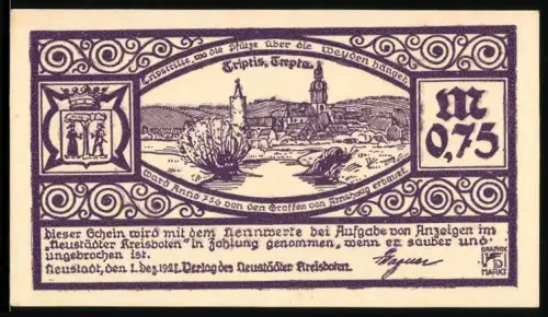 Notgeld Neustadt 1921, 0,75 Mark, Ortsansicht und Karte mit Hand aus Himmel