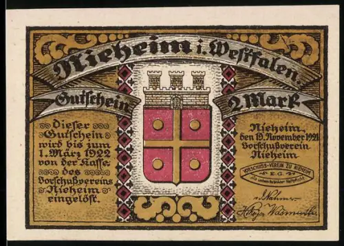 Notgeld Nieheim i. Westfalen 1921, 2 Mark, Ortsansicht mit Turm und Landschaft, Wappen mit vier Kreuzen