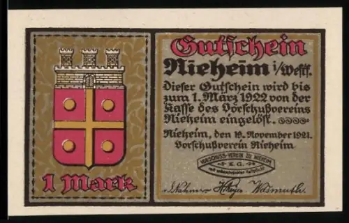 Notgeld Nieheim i. Westf. 1921, 1 Mark, Wappen und altes Patrizierhaus am Richterplatz
