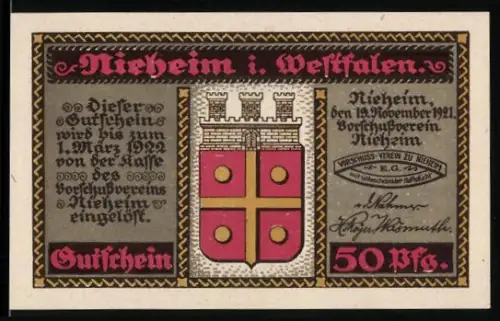 Notgeld Nieheim i. Westfalen 1921, 50 Pfennig, Porträt und F.W. Webers Wohnhaus, Wappen
