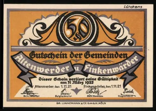 Notgeld Altenwerder /Finkenwerder 1922, 50 Pfennig, bedrohliche Hand über Stadt und Lebensmittel