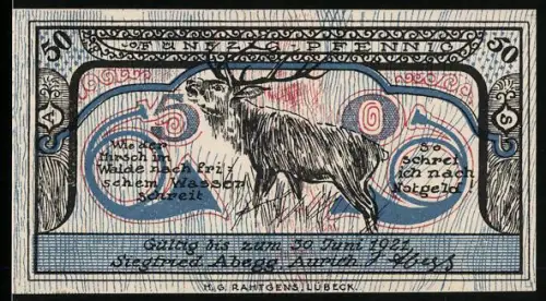 Notgeld Aurich 1921, 50 Pfennig, Hirschmotiv und Zitate