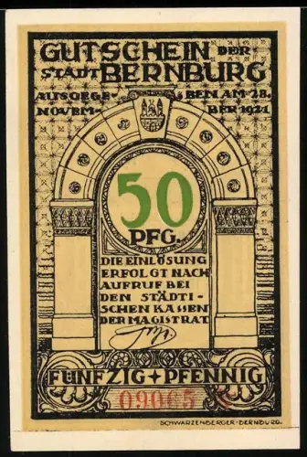 Notgeld Bernburg 1921, 50 Pfennig, Torbogen und Gebäude mit Spruchband