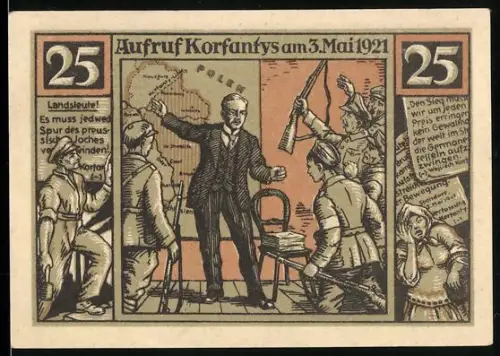 Notgeld Bielschowitz 1921, 25 Pfennig, Aufruf Korfantys und brennende Industrieanlagen