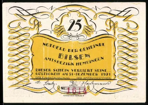 Notgeld Bilsen /Hemdingen 1921, 25 Pf., Bogenschütze in Landschaft mit Sonnenaufgang
