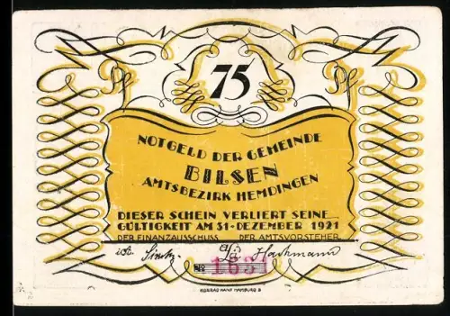 Notgeld Bilsen /Hemdingen 1921, 75 Pfennig, Landschaft mit Figur und Gedicht