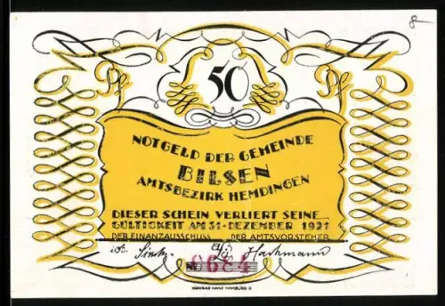 Notgeld Bilsen /Hemdingen 1921, 50 Pfennig, Liebespaar auf Wiese und dekorative Ornamente