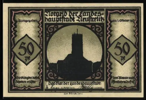 Notgeld Neustrelitz 1921, 50 Pf, Turmsilhouette und Kutsche mit Pferden und Figuren