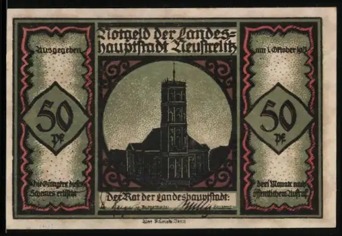 Notgeld Neustrelitz 1921, 50 Pf, Kirche und Silhouetten tanzender Figuren