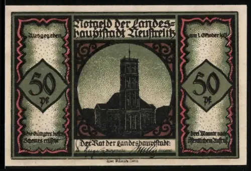 Notgeld Neustrelitz 1921, 50 Pf, Kirche und Schulszenen im Scherenschnittstil