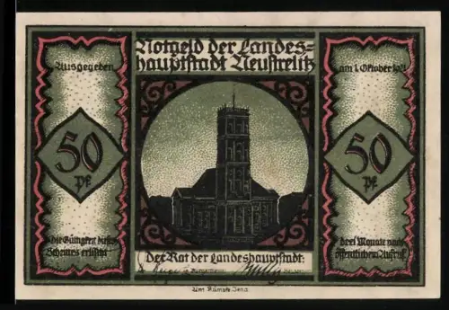 Notgeld Neustrelitz 1921, 50 Pf, Stadtturm und Scherenschnitt-Szene mit drei Personen