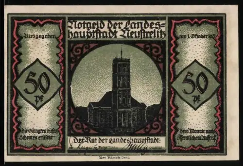 Notgeld Neustrelitz 1921, 50 Pf, Stadtsilhouette und Schattenspiel-Szene