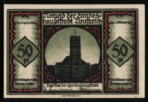 Notgeld Neustrelitz 1921, 50 Pf, Kirche und Silhouetten-Szene mit Figuren im Gespräch