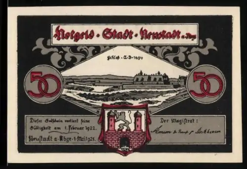 Notgeld Neustadt a. Rbge 1921, 50 Pfennig, Schloss und Brücke Motive