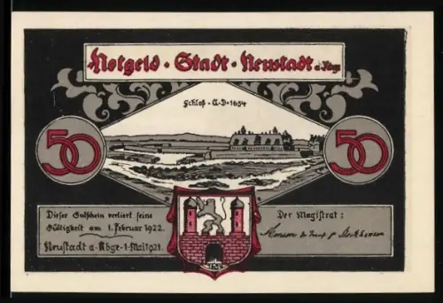 Notgeld Neustadt a. Rbge. 1921, 50 Pfennig, Schlossansicht und alte Steinbrücke mit Wappen