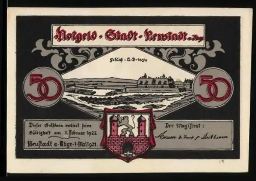 Notgeld Neustadt a. Rbge 1921, 50 Pfennig, Schlossansicht und Mühle mit Flusslauf