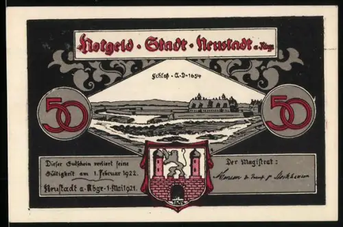 Notgeld Neustadt a. Rbg. 1921, 50 Pfennig, Schlossansicht und Landschaft mit Fluss