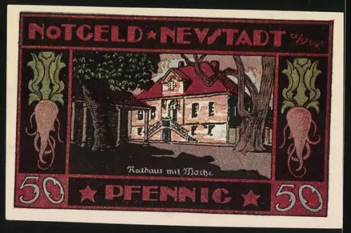 Notgeld Neustadt a. Rbge. 1921, 50 Pfennig, Schloss und Rathaus mit Mühle