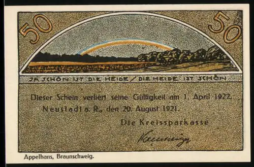 Notgeld Neustadt a. R. 1921, 50 Pf, Landschaft mit Regenbogen und Kirchturm
