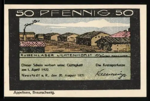 Notgeld Neustadt a. R. 1921, 50 Pfennig, Russenlager Lichtenhorst und Fachwerkhaus