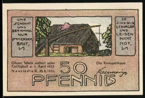 Notgeld Neustadt a. R. 1921, 50 Pfennig, Fachwerkhaus und Wassermühle mit Wasserrad