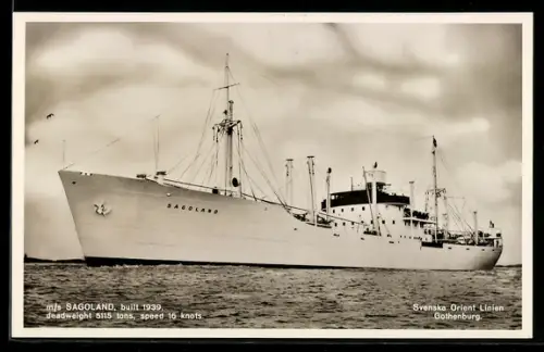 AK Schwedisches Frachtschiff M.S. Sagoland von 1939 der Svenska Orient Linien, Handelsschiff