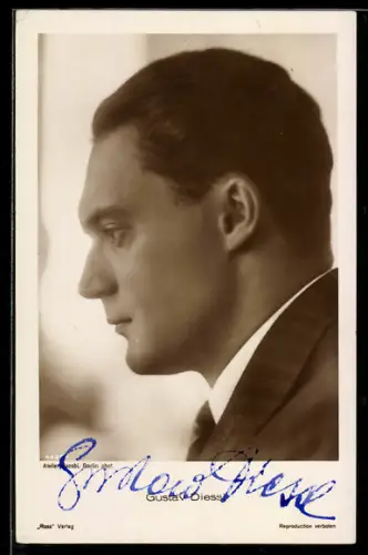 AK Schauspieler Gustav Diessl mit ernsten Blick im Seitenprofil, Autograph