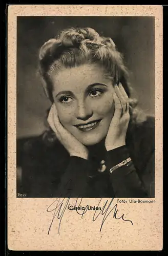 AK Schauspielerin Gisela Uhlen in Denkerpose, Autograph