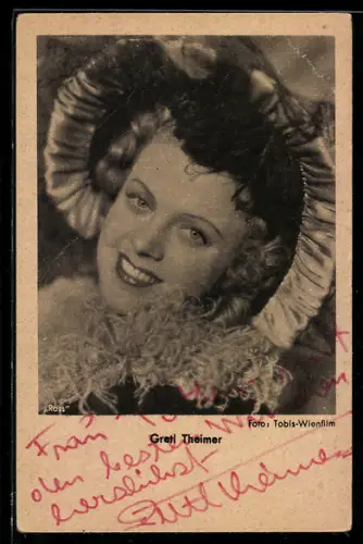 AK Schauspielerin Gretl Theimer lächelt, Autograph