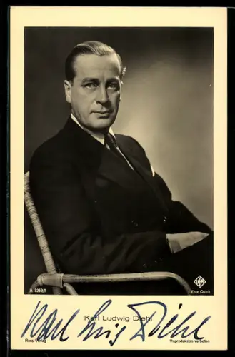 AK Schauspieler Karl Ludwig Diehl, sitzend im Portrait, Autograph