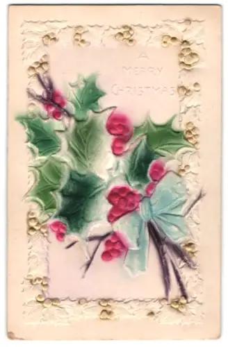Stoff-Präge-AK Stechpalmenzweig mit blauer Schleife, Weihnachtsgrüsse