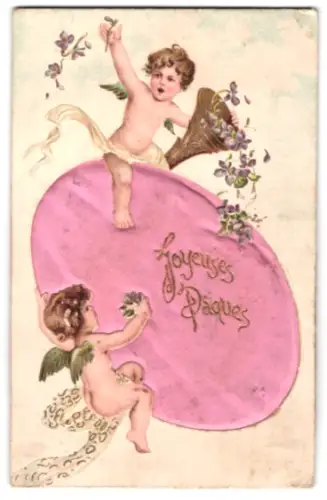 Stoff-Präge-AK Kleine Engel mit grossem Osterei und Füllhorn, Ostern