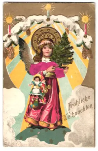 Stoff-Präge-AK Weihnachtsengel mit verschneitem Tannenzweig