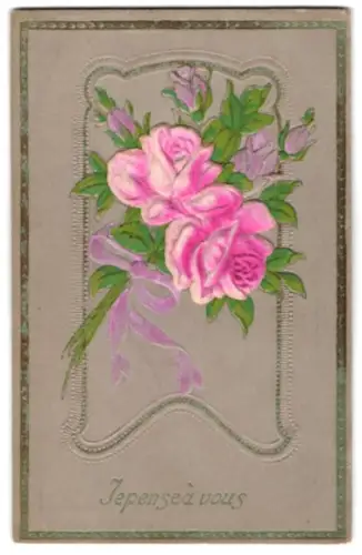 Stoff-Präge-AK Strauss pinker Rosen mit Schleife