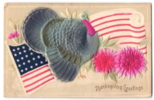 Stoff-Präge-AK Truthahn vor amerikanischer Flagge, Thanksgiving