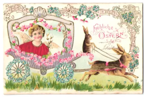 Stoff-Präge-AK Osterhase zieht eihe Kutsche mit Osterengel