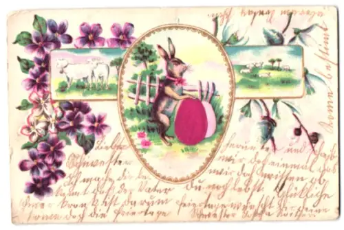 Stoff-Präge-AK Osterhase mit zwei Ostereiern, Osterlämmer