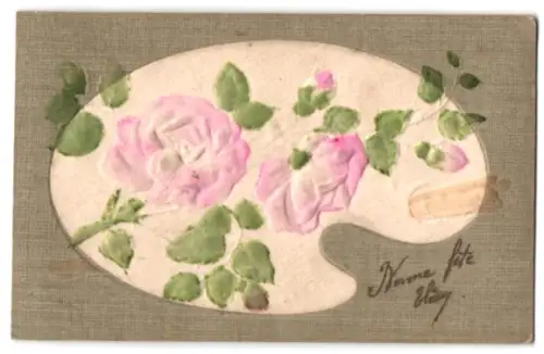 Stoff-Präge-AK Rosen auf einer Malerpalette