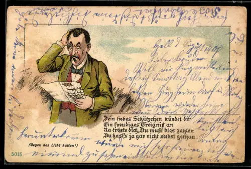 Lithographie Mann liest schockiert einen Brief, Küssendes Paar bei Halt gegen das Licht
