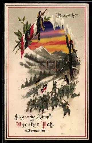 Künstler-AK Uzraoker-Pass, Soldaten im Kampf in den Karpathen 1915, Halt gegen das Licht