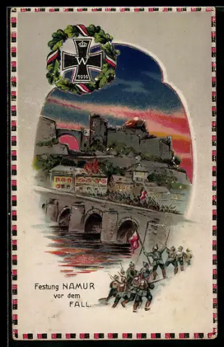 Künstler-AK Namur, Die Festung Namur vor dem Fall, Propaganda 1. Weltkrieg, Halt gegen das Licht