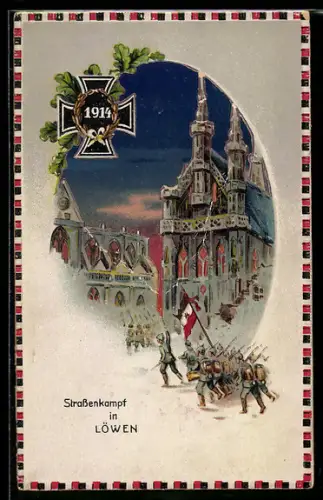 AK Louvain, Soldaten im Strassenkampf, Eisernes Kreuz mit Eichenlaub, Halt gegen das Licht