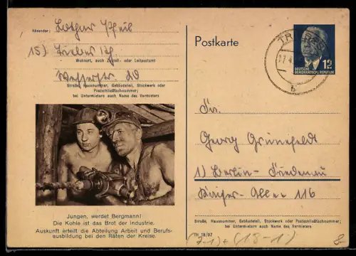 AK Bergmänner bei der Arbeit im Stollen, DDR, Ganzsache