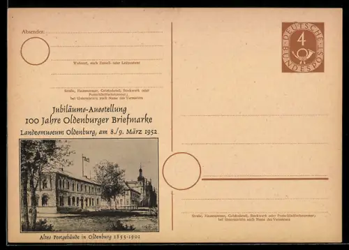 AK Oldenburg, Ausstellung 100 Jahre Oldeburger Briefmarke, Altes Postgebäude 1855-1901, Ganzsache